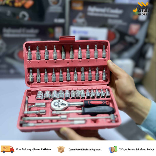 46 Pcs Socket Wrench Set 1/4'Drive Metric Mechanic Tools Kit Bit Ratchet Sockets with Extension Bar